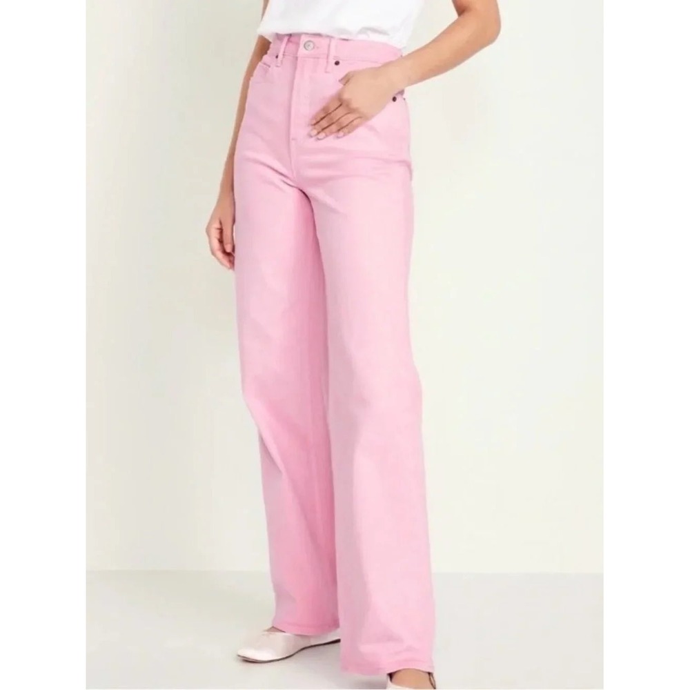 Old Navy Sky-Hi Wide Leg Pink Jeans Extra High Rise Size 14 Bubblegum Denim